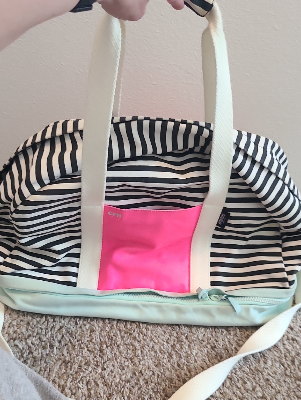 Kate Spade Black and White Striped Travel Bag with Pink and Mint Accents